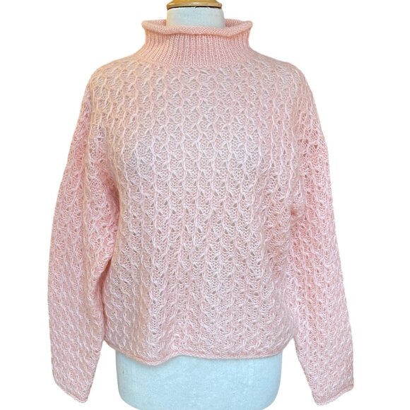 Paris Sport Club Sweaters - Vintage Roll Neck Mohair Cable Knit Sweater Soft PInk Y2K Coquette French Girl-L